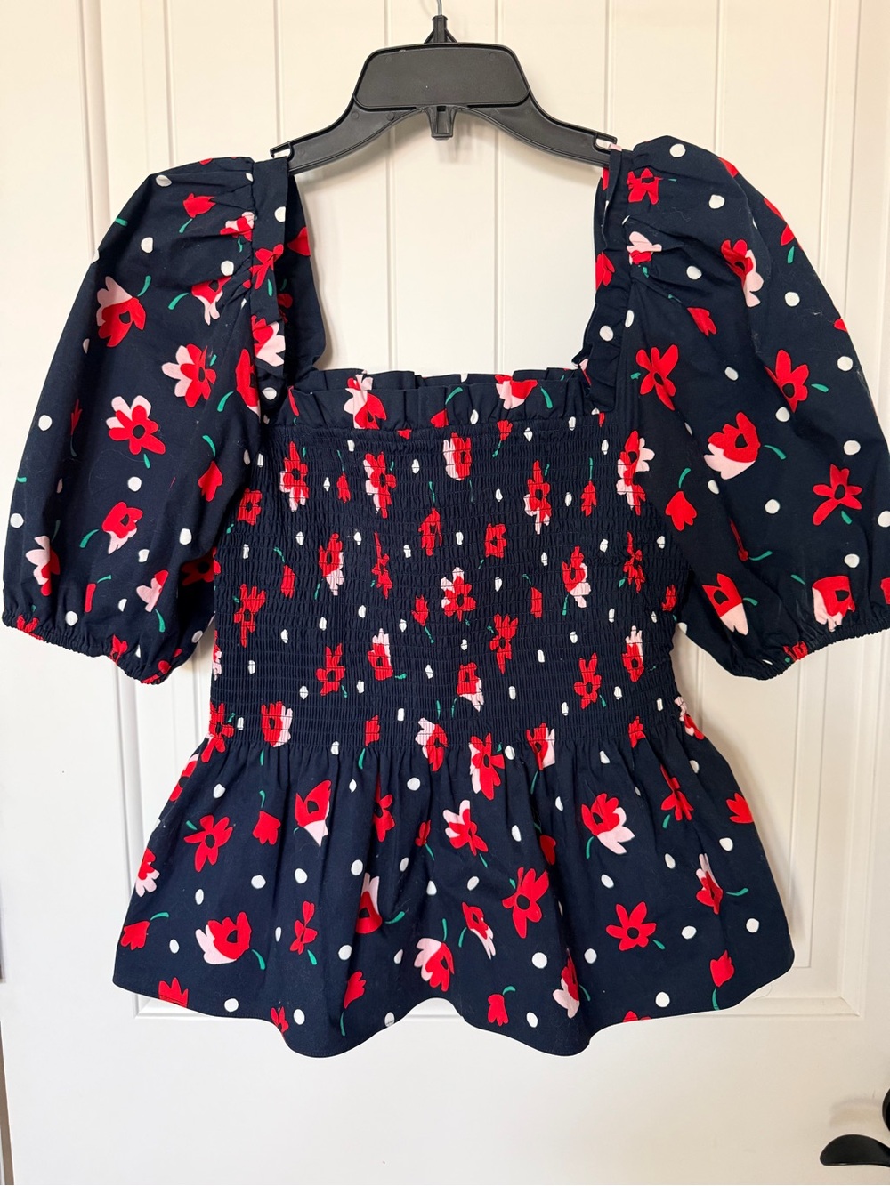 kate spade Navy Floral Puff-Sleeve Smocked Tunic